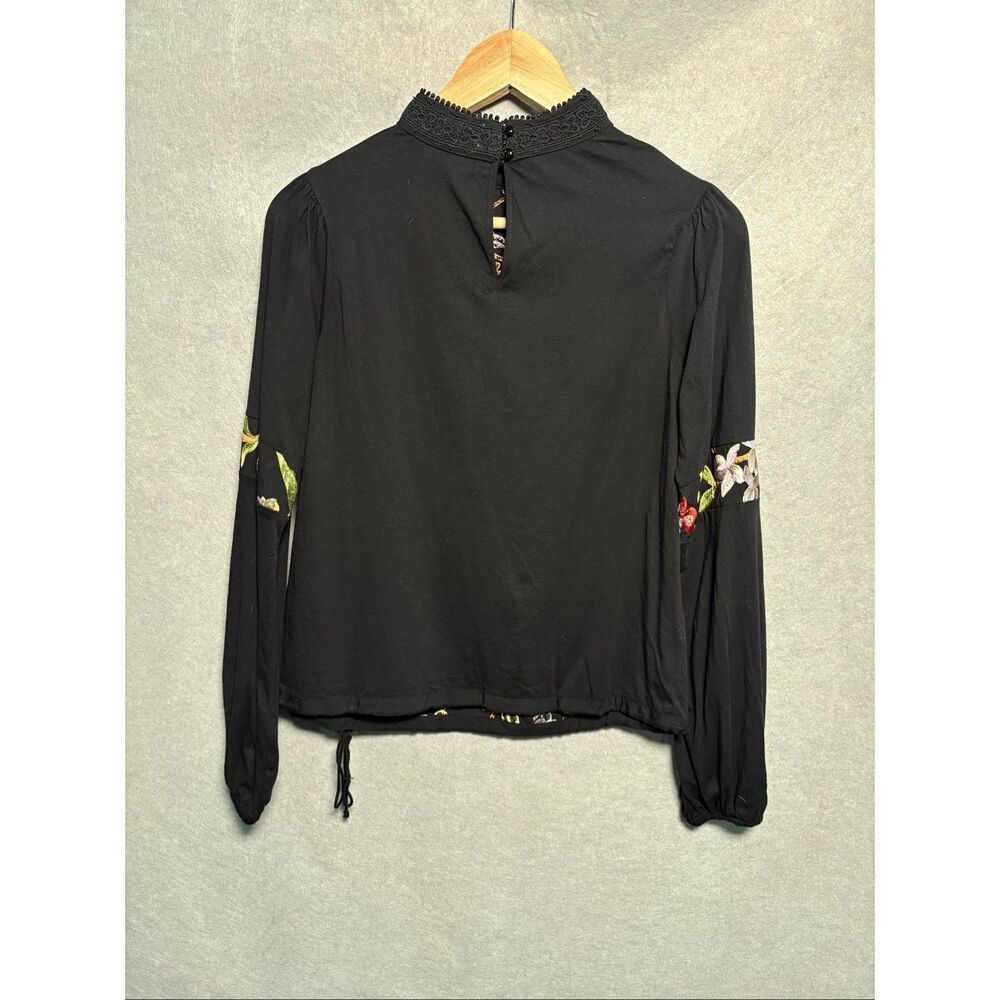 Anthropologie Tiny XS Embroidered Floral Blouse Black Mock Neck Boho Cottagecore - Picture 6 of 11